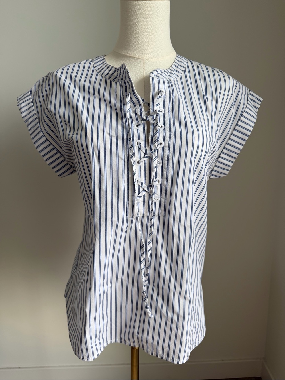 J Crew Women's Striped Lace-Up Blouse - White & Navy